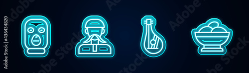 Set line Thief mask, Ukrainian cossack, Bandura and Varenyky bowl. Glowing neon icon. Vector