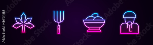 Set line Chestnut leaf, Garden pitchfork, Varenyky in bowl and Ukrainian cossack. Glowing neon icon. Vector