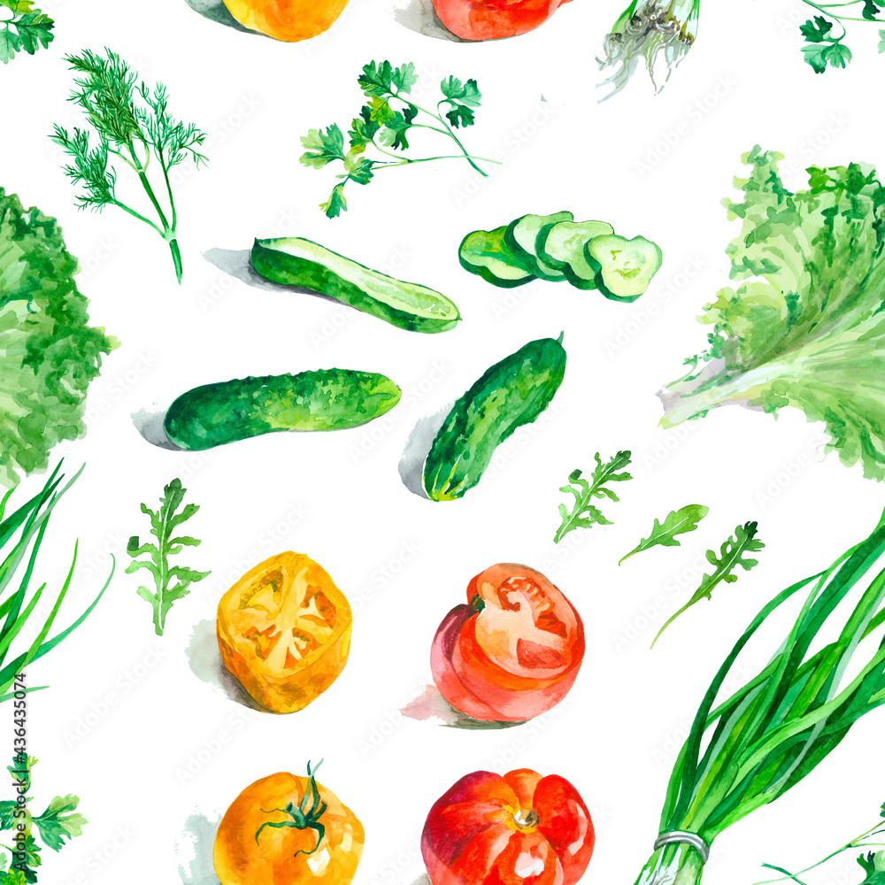 Vegetables and scented herbs watercolor isolated on white background seamless pattern for all prints. Vegan pattern. Vegetables and scented herbs watercolor isolated on white background seamless pattern for all prints. Vegan pattern.