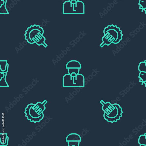 Set line Ukrainian cossack, Dumplings on fork and on seamless pattern. Vector
