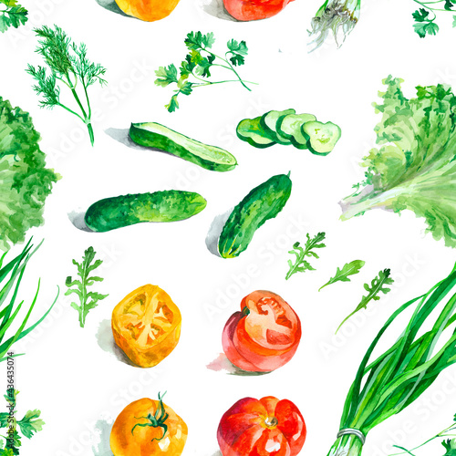 Vegetables and scented herbs watercolor isolated on white background seamless pattern for all prints. Vegan pattern.