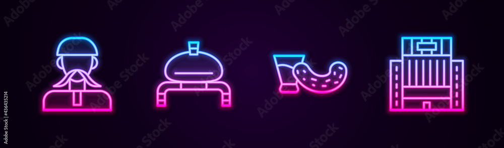 Set line Ukrainian cossack, Bread and salt, Glass with vodka and Hotel Ukraina building. Glowing neon icon. Vector Set line Ukrainian cossack, Bread and salt, Glass with vodka and Hotel Ukraina building. Glowing neon icon. Vector
