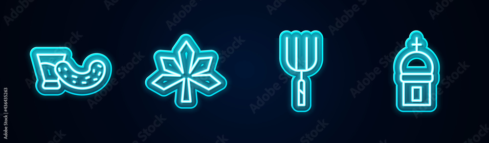 Set line Glass with vodka, Chestnut leaf, Garden pitchfork and Church tower. Glowing neon icon. Vector Set line Glass with vodka, Chestnut leaf, Garden pitchfork and Church tower. Glowing neon icon. Vector