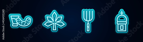 Set line Glass with vodka, Chestnut leaf, Garden pitchfork and Church tower. Glowing neon icon. Vector