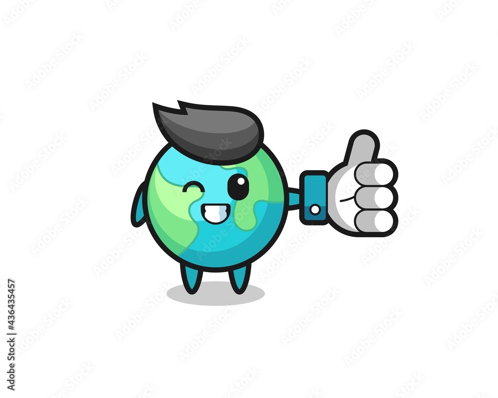 cute earth with social media thumbs up symbol cute earth with social media thumbs up symbol