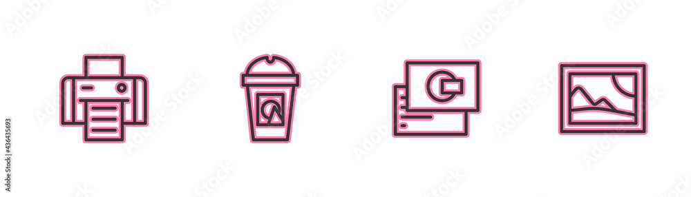 Set line Printer, Business card, Coffee cup to go and Picture landscape icon. Vector