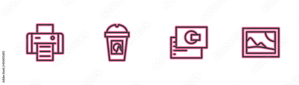 Set line Printer, Business card, Coffee cup to go and Picture landscape icon. Vector Set line Printer, Business card, Coffee cup to go and Picture landscape icon. Vector