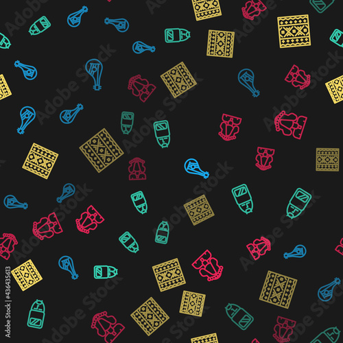Set line Bandura, Ukrainian cossack, ethnic pattern and woman on seamless pattern. Vector