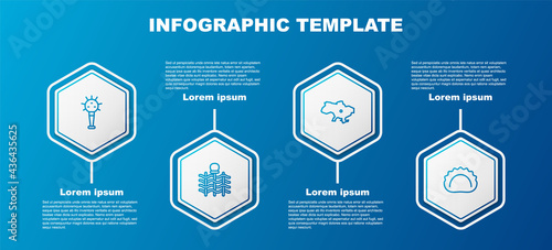 Set line Mace, Wicker fence, Map of Ukraine and Dumplings. Business infographic template. Vector