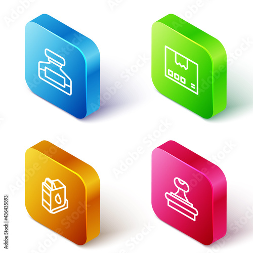 Set Isometric line Ink bottle, Carton cardboard box, Printer ink cartridge and Stamp icon. Vector