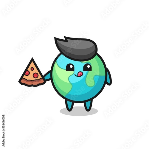 cute earth cartoon eating pizza