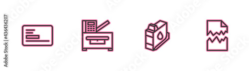 Set line Business card, Printer ink cartridge, Copy machine and Torn document icon. Vector