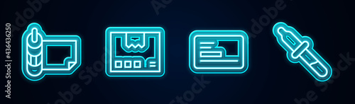 Set line Roll of paper, Carton cardboard box, Business and Pipette. Glowing neon icon. Vector