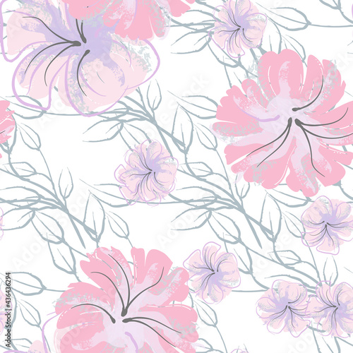 Pink Flowers Blooming Pattern. Pastel Watercolor.