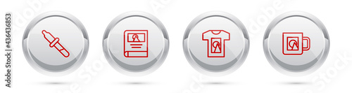 Set line Pipette, Photo album gallery, T-shirt and Coffee cup. Silver circle button. Vector
