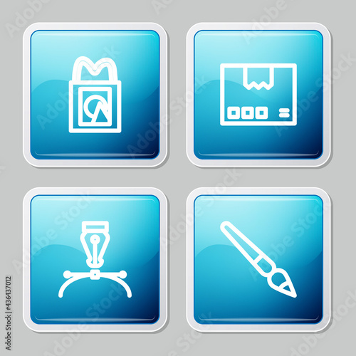 Set line Paper shopping bag, Carton cardboard box, Fountain pen nib and Paint brush icon. Vector