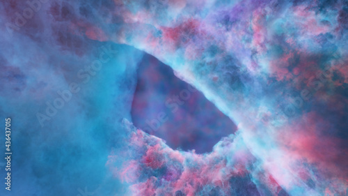 3D rendering of red-blue colorful nebula and cosmic gas clusters in deep space.