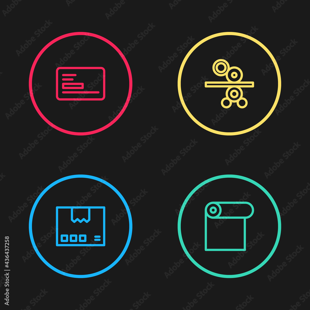 Set line Carton cardboard box, Roll of paper, Paper roll printing press and Business icon. Vector Set line Carton cardboard box, Roll of paper, Paper roll printing press and Business icon. Vector
