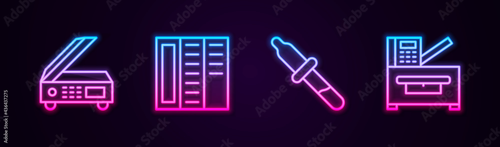 Set line Scanner, Brochure, Pipette and Copy machine. Glowing neon icon. Vector Set line Scanner, Brochure, Pipette and Copy machine. Glowing neon icon. Vector