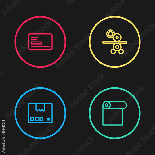 Set line Carton cardboard box, Roll of paper, Paper roll printing press and Business icon. Vector