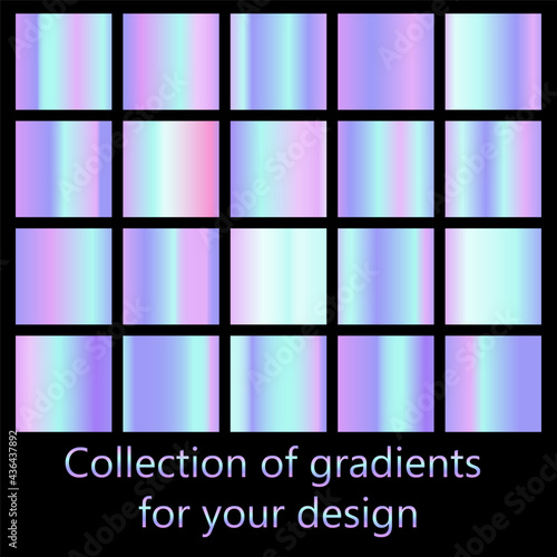 Vector set of colorful neon holographic gradients.