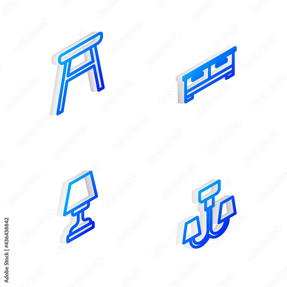Set Isometric line Chest of drawers, Chair, Table lamp and Chandelier icon. Vector Set Isometric line Chest of drawers, Chair, Table lamp and Chandelier icon. Vector