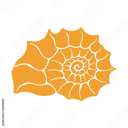 Textured yellow spiral shape seashell isolated on a white background. Vector shabby hand drawn illustration