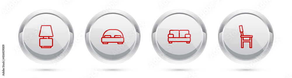 Set line Table lamp, Big bed, Sofa and Chair. Silver circle button. Vector Set line Table lamp, Big bed, Sofa and Chair. Silver circle button. Vector