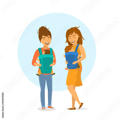 two cute friends women mothers with baby slings wraps and kids isolated vector illustration scene