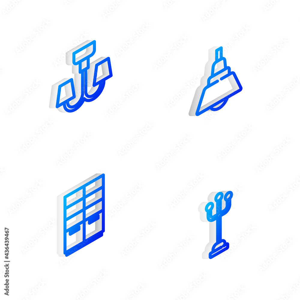 Set Isometric line Chandelier, , Wardrobe and Coat stand icon. Vector