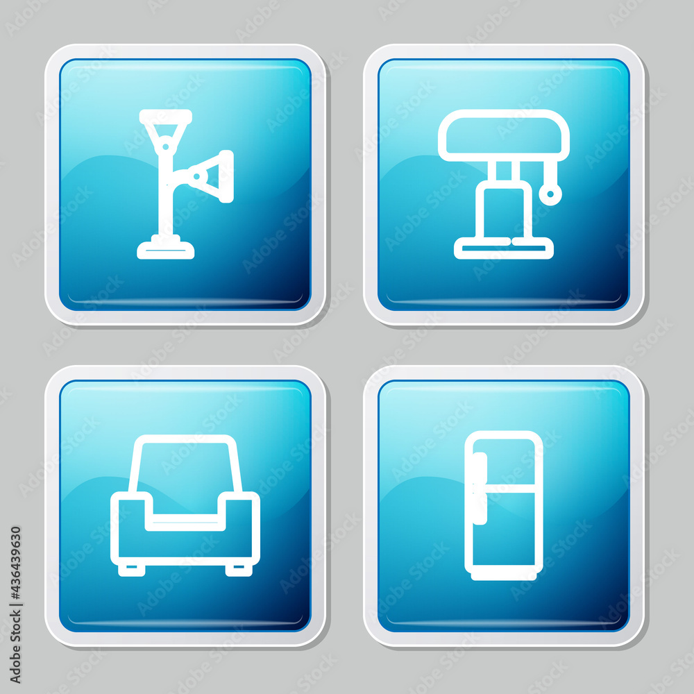 Set line Floor lamp, Table, Armchair and Refrigerator icon. Vector Set line Floor lamp, Table, Armchair and Refrigerator icon. Vector