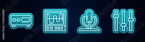 Set line Guitar amplifier, Oscilloscope, Microphone and Music equalizer. Glowing neon icon. Vector
