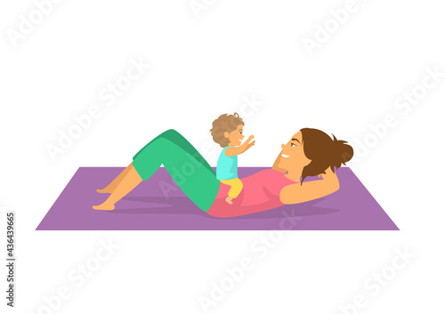 mother exercising together with her baby,woman doing postnatal workout cute isolated vector illustration scene