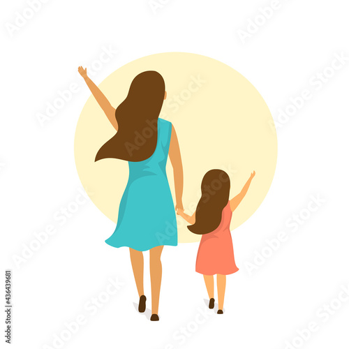 mother and daughter walking together holding hands, backside rear view isolated vector illustration scene