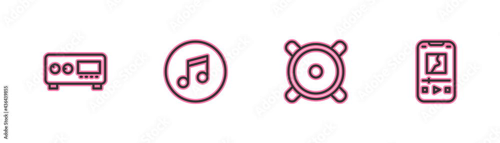 Set line Guitar amplifier, Stereo speaker, Music note, tone and player icon. Vector