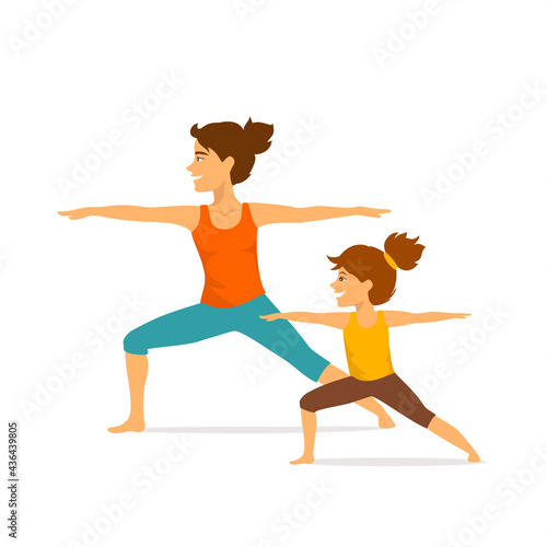 mother and daughter, woman and girl child doing yoga exercises, standing in warrior two position, isolated vector illustration sport scene