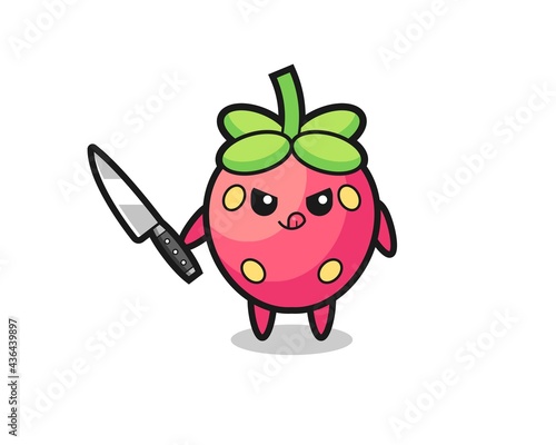 cute strawberry mascot as a psychopath holding a knife