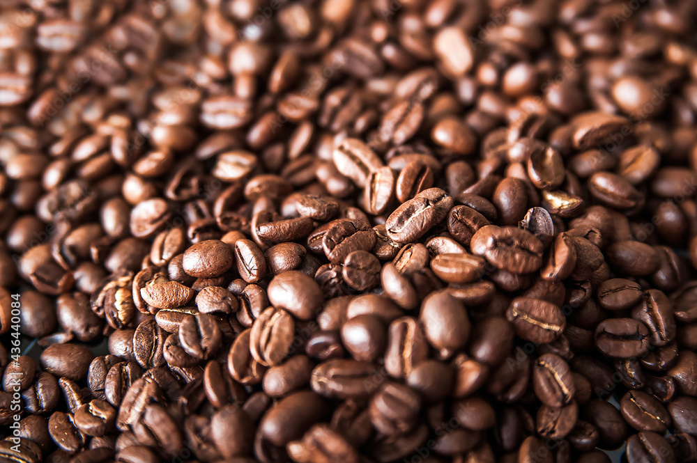 Fototapeta premium Coffee background close-up macro. Lots of coffee beans and copy space.