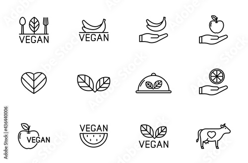 vegan line vector icons isolated on white. vegan non violent food lineal icon set for web and ui design, mobile apps and print products