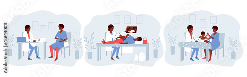 A set of illustrations with a pregnant African American woman visiting a doctor. The doctor conducts an ultrasound examination. Mom and baby visit a doctor. Flat vector illustration.