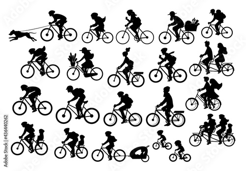 people riding bikes silhouettes collection, man woman couples family friends children cycling to office work, travel with backpacks,trailers, sport, mountain biking, city drive, in park, graphics set