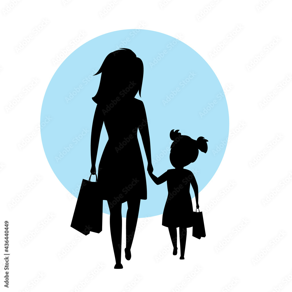mother and daughter walking together with shopping bags holding hands silhouette vector illustration scene