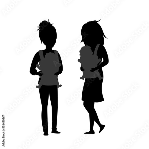 two women mothers with baby slings wraps isolated vector illustration silhouette scene