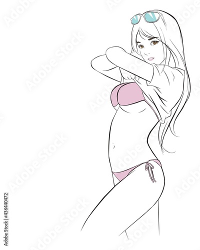 Sexy woman taking off her t-shirt. Summer fashion. Bikini. vector illustration isolated cartoon hand drawn