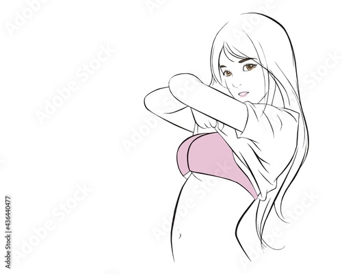 Sexy woman taking off her t-shirt. vector illustration isolated cartoon hand drawn