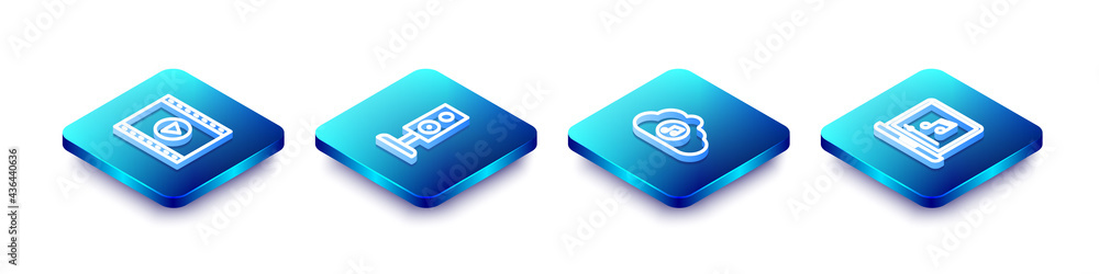Set Isometric line Online play video, Stereo speaker, Music streaming service and Laptop with music note icon. Vector Set Isometric line Online play video, Stereo speaker, Music streaming service and Laptop with music note icon. Vector