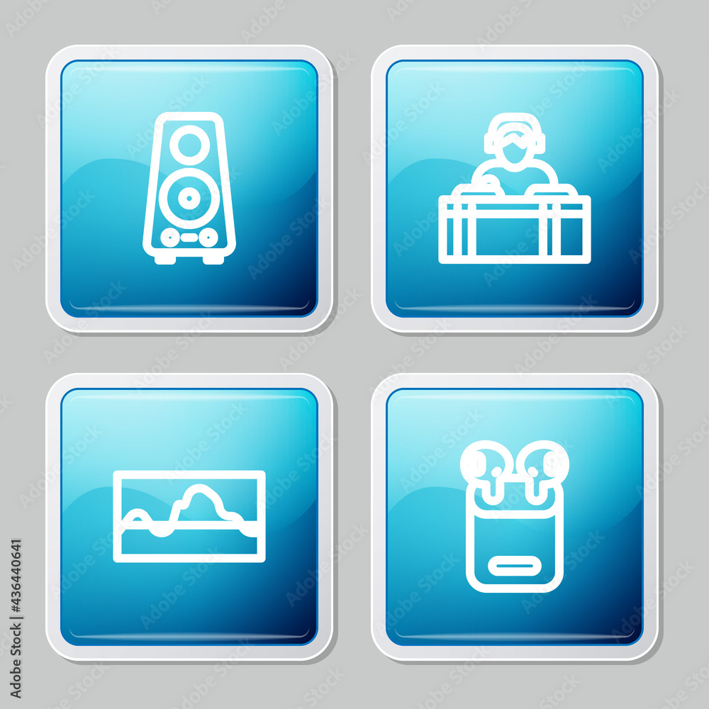 Set line Stereo speaker, DJ playing music, Music wave equalizer and Air headphones box icon. Vector