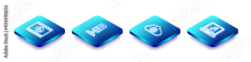 Set Isometric line Online play video, Stereo speaker, Music streaming service and Laptop with music note icon. Vector