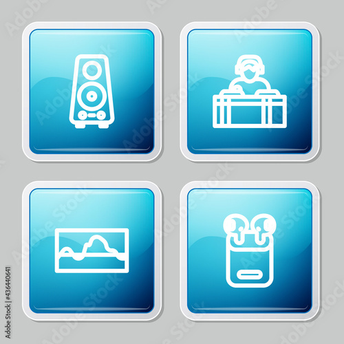 Set line Stereo speaker, DJ playing music, Music wave equalizer and Air headphones box icon. Vector