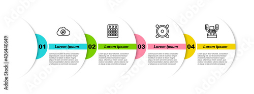 Set line Music streaming service, Drum machine, Stereo speaker and recording studio. Business infographic template. Vector